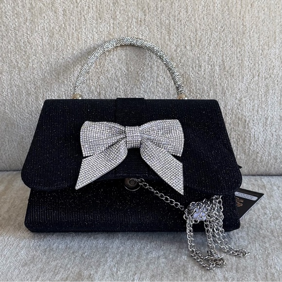 Sincerely Jules Black Evening Bag with Rhinestone Bow & Handle, Silver Clutch - Picture 7 of 11